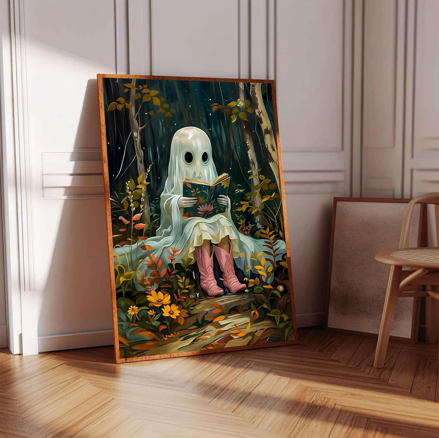 Vintage Halloween Ghost Canvas wall art Funny Cute Ghost Reading Book Painting Pictures wall decor Gothic Dark Whimsical Aesthetic Posters Prints for Bedroom Living Room Scene Home Decoration Unframed