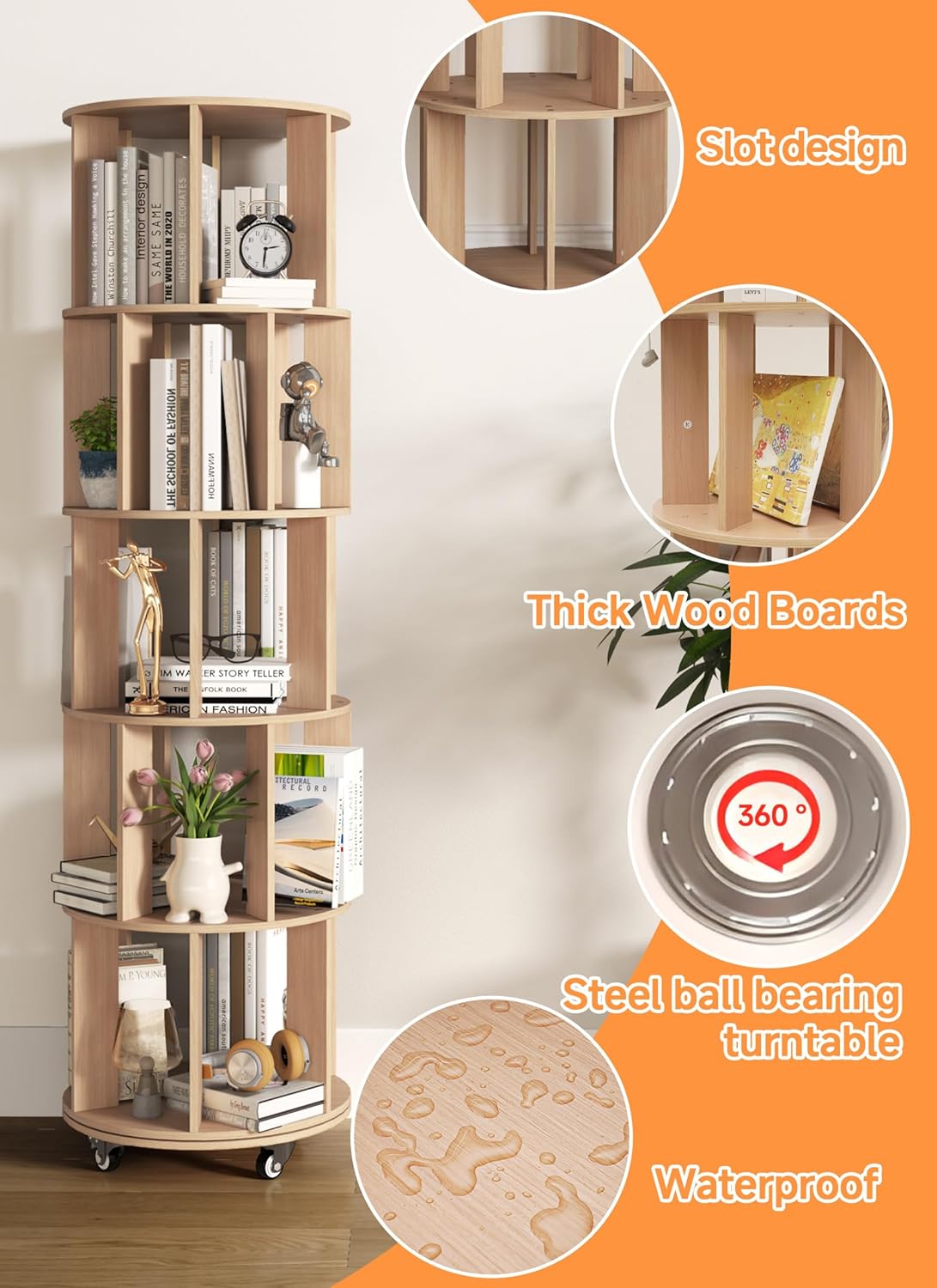 Baoz 5-Tier Rotating Bookshelf Tower, 360° Display Stackable Spinning Bookshelf with Wheels, Floor Standing Corner Revolving Bookcase, Rotating Book Shelf for Kids Rooms, Living Room, Bedroom - Wood