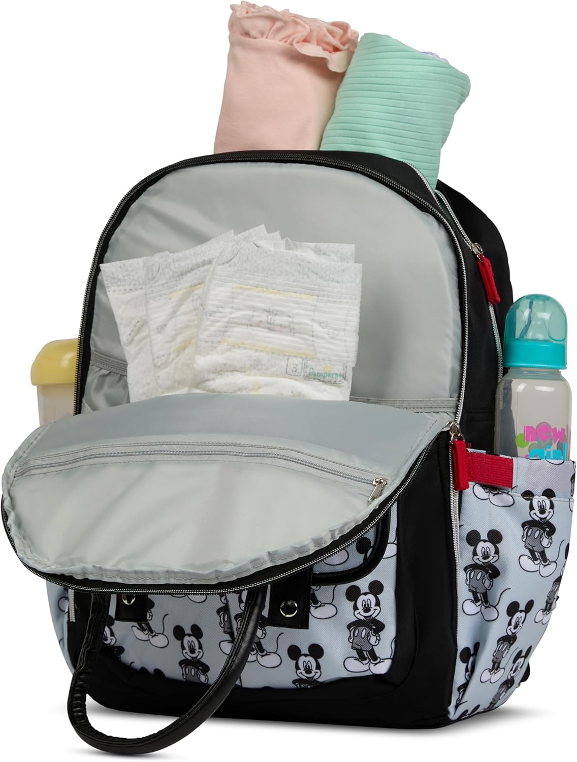 Disney Diaper Bag Backpack with Changing Pad Mickey Mouse – 16” Nylon Baby Bag for Parents, Insulated Bottle Holders, Multiple Storage Pockets
