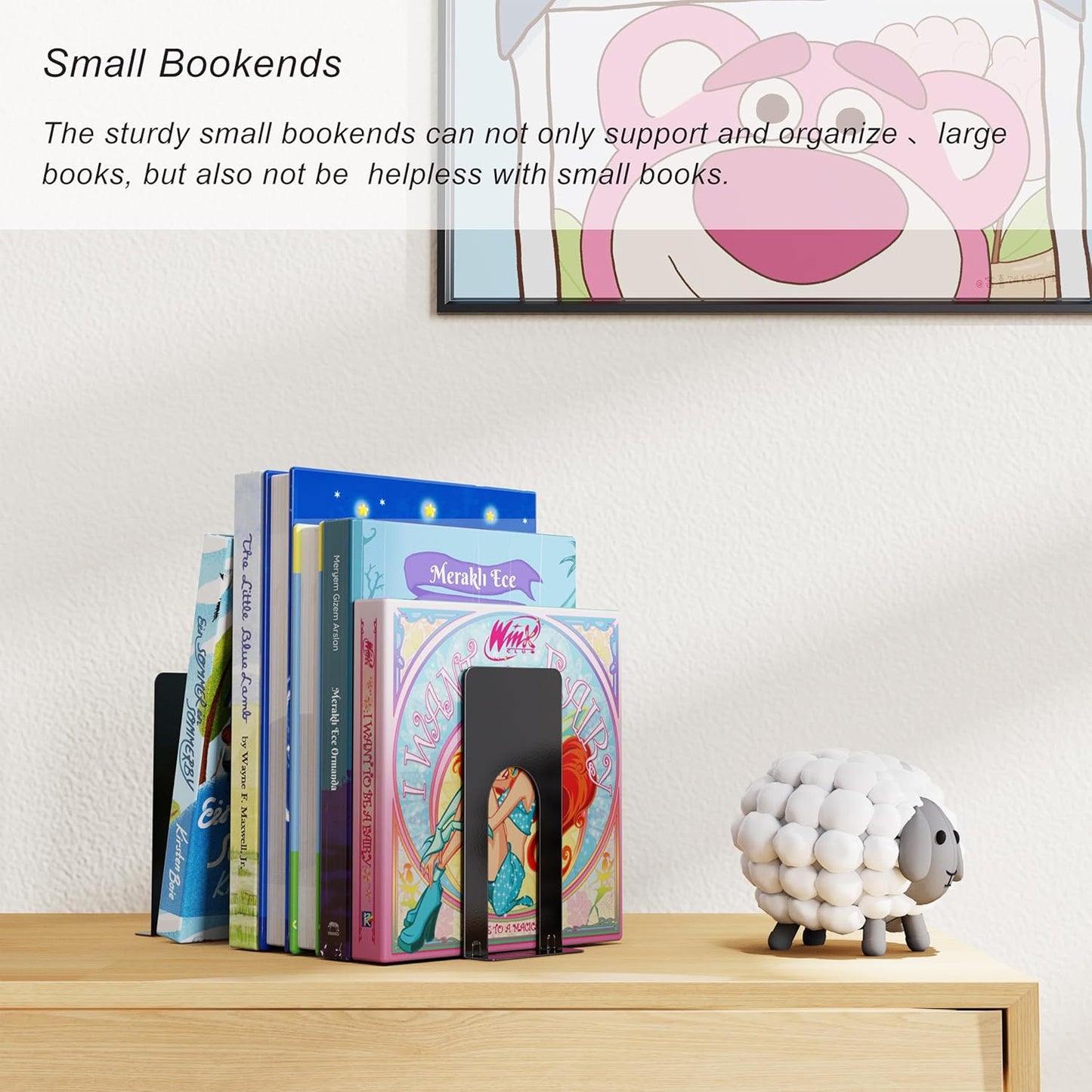Optomni Book Ends, 3 Pairs of Small Bookends for Shelves, 3.9 x 2.8 × 5.2 in, Black Metal Book Stopper, Sturdy Book Holders for Home Office (6 Pcs, Small)