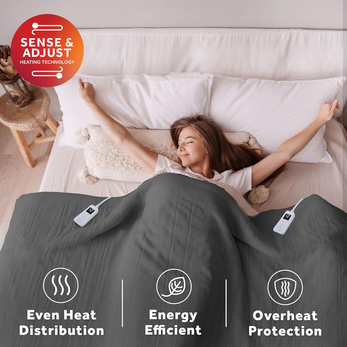 Sunbeam Royal Posh Velvet Heated Electric Blanket Queen Size, 90" x 84", 12 Heat Settings, 12-Hour Selectable Auto Shut-Off, Fast Heating, Machine Washable, Warm and Cozy, Night Fog