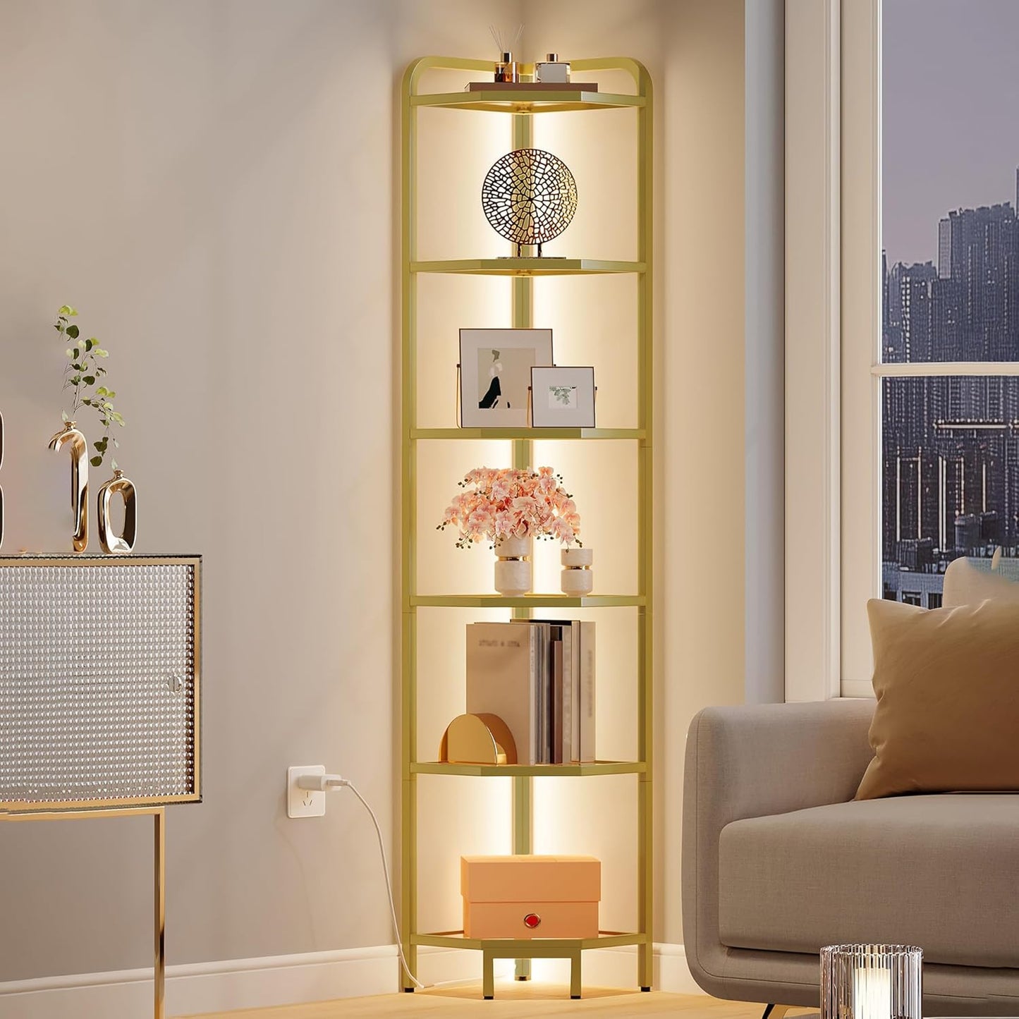 Corner Shelf with LED Lighting, 6-Tier Glass Bookshelf, Steel Frame, Tempered Glass, Modern Style Corner Shelf, Suitable for Living Room, Bedroom and Game Room, Gold CS09699G