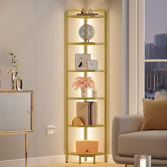 Corner Shelf with LED Lighting, 6-Tier Glass Bookshelf, Steel Frame, Tempered Glass, Modern Style Corner Shelf, Suitable for Living Room, Bedroom and Game Room, Gold CS09699G