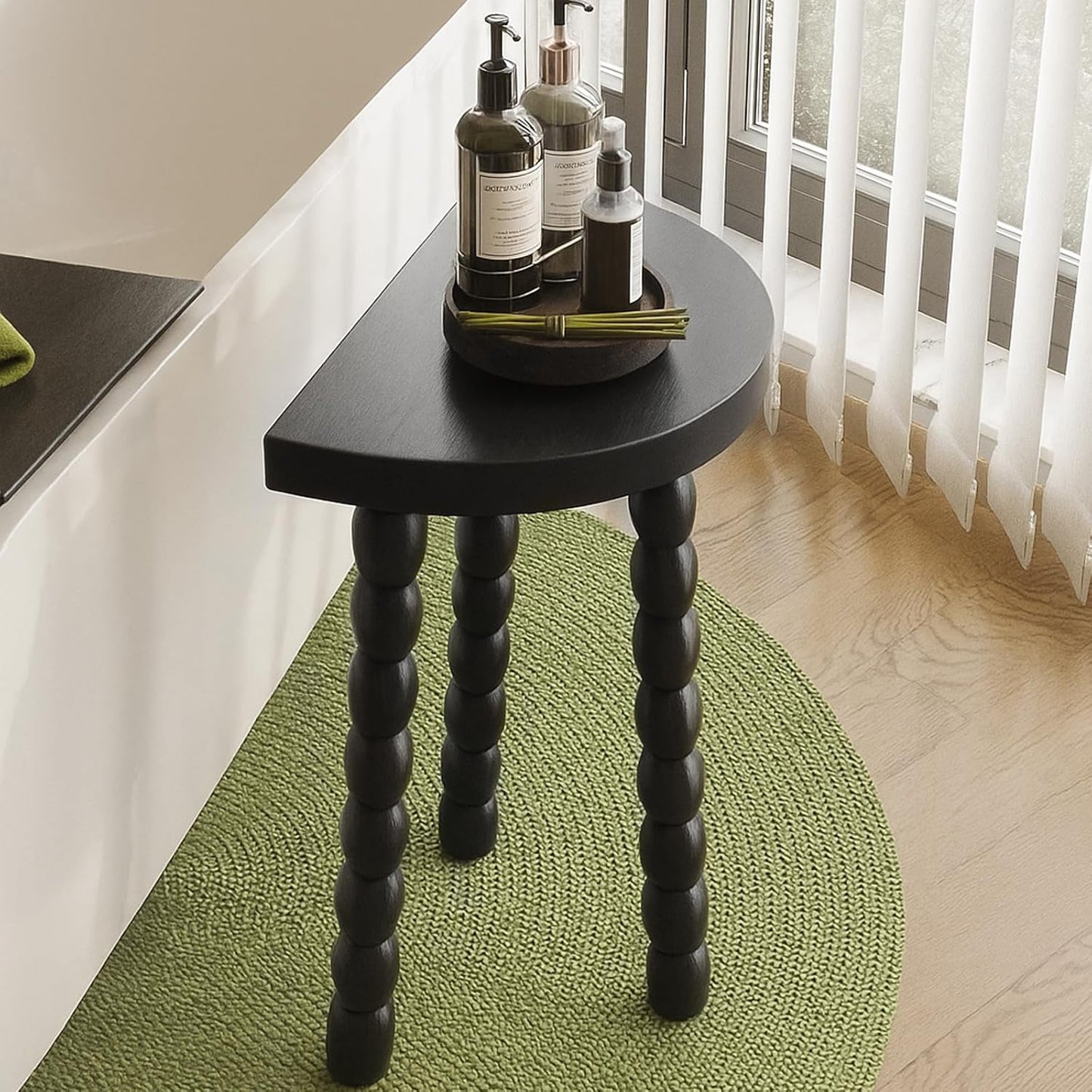 Wooden Bobbin Side Table - Plant Stand - Half Round Table - Wooden Accent Stool- Minimalist Decorative Table for Bedroom, Hallway, Living Room (1, Black)