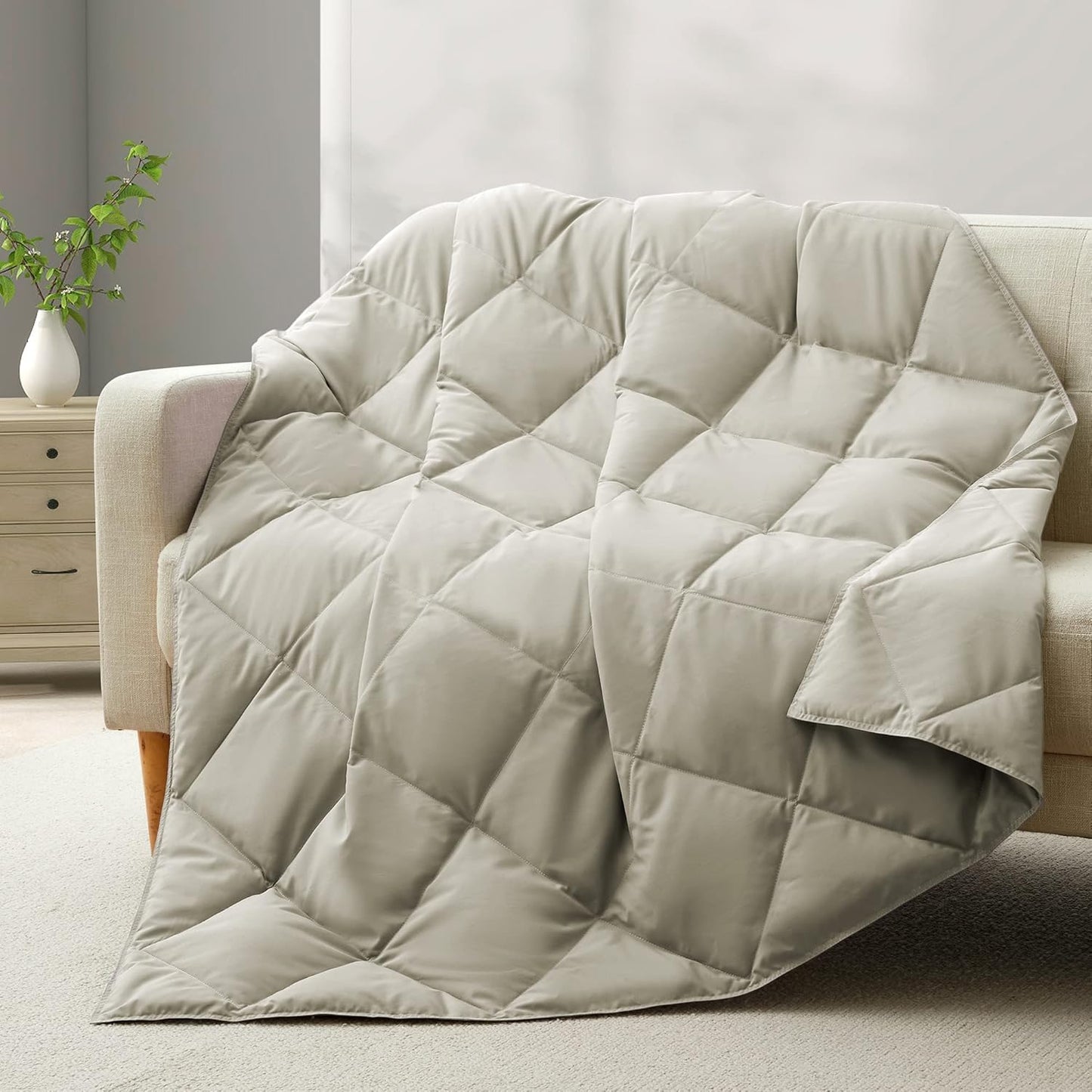 Deodar Natural Down Fiber Throw Blanket for Couch Bed Comforter Sofa Blanket Throw, Outdoor Lightweight Down Comforter Peach Skin Fabric 50"X70" Beige