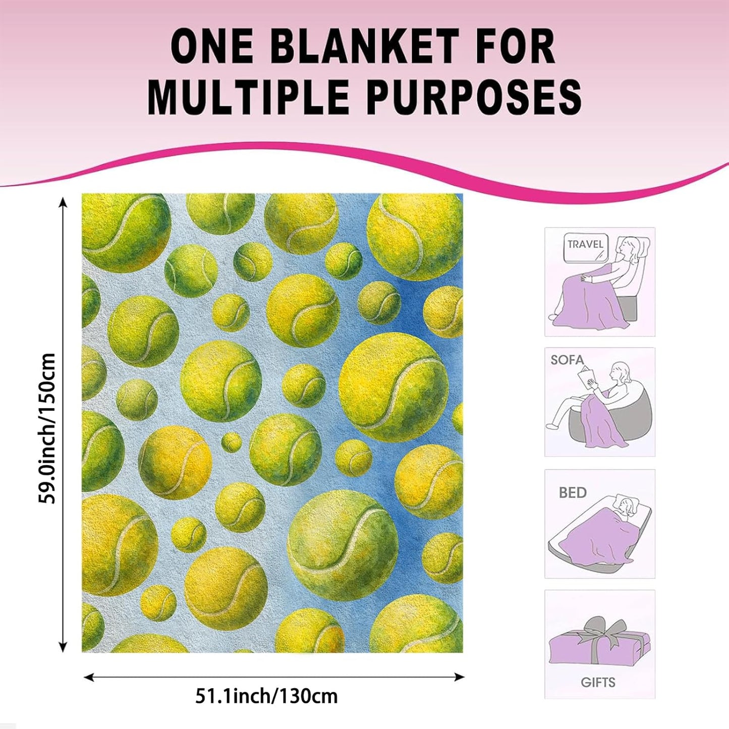 Tennis Ball Blanket Throw 50x60 Soft Flannel Fleece - Watercolor Blue Pattern Cozy Sofa Bed Dorm Decor - Gift for Player Coach, Senior Night Team Present for Women Men Girls