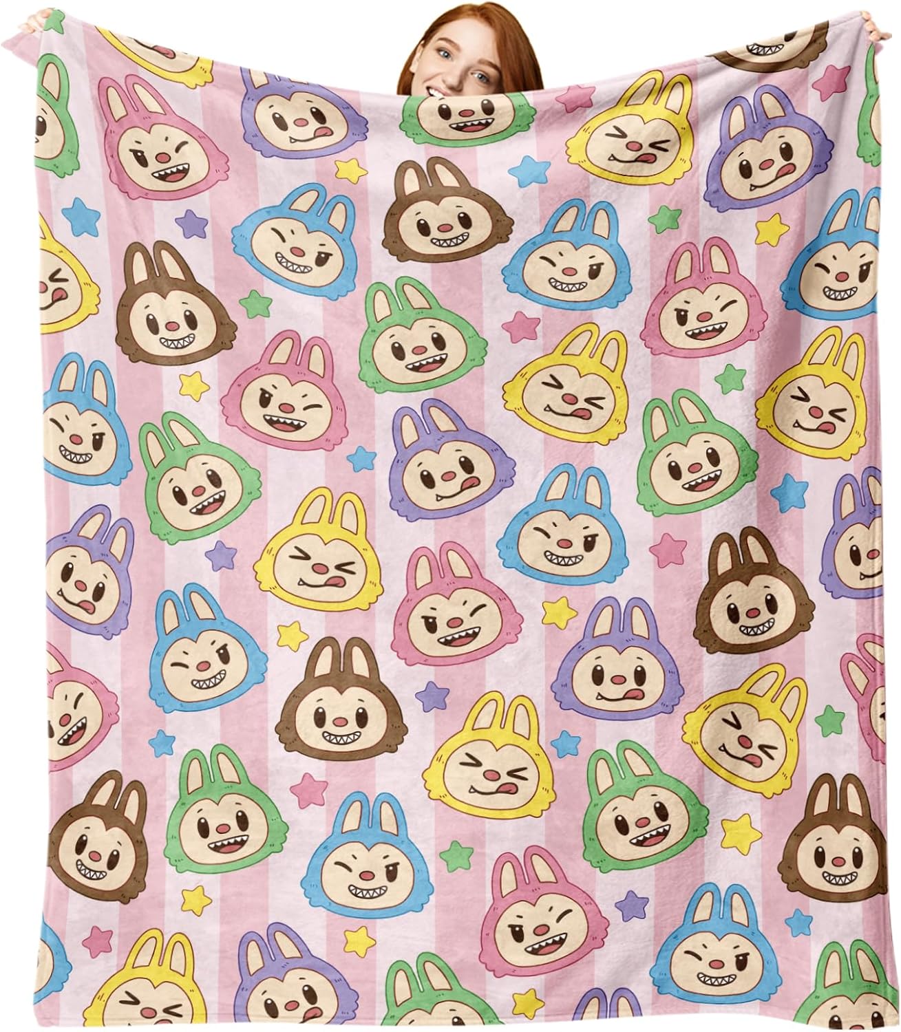 Pycat Cute Macaron Flannel Throw Blanket, Monster Stars Birthday Gifts for Men Women Adults, Stripes Soft Blankets for Bedding Sofa 50 x 60 Inches