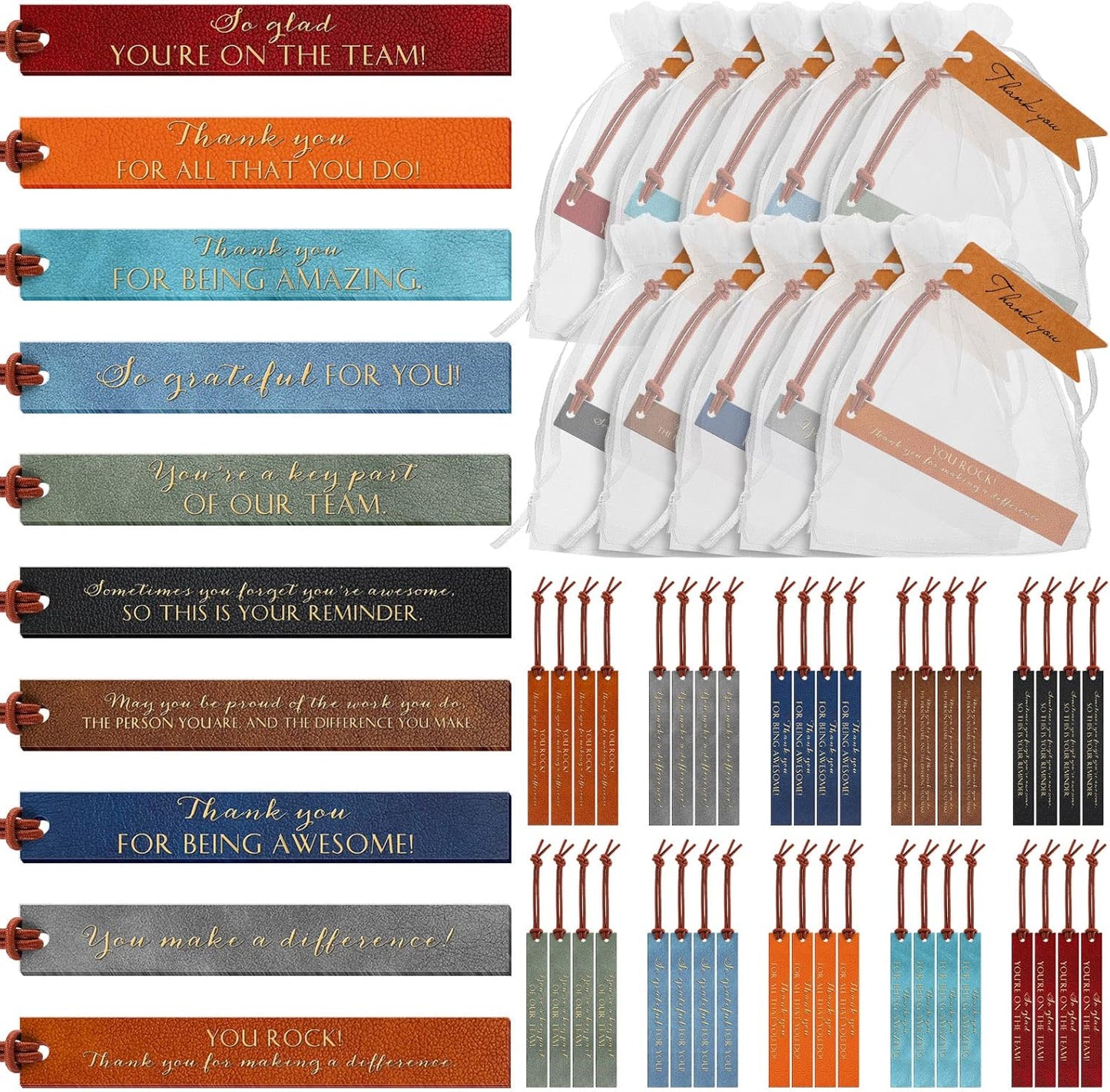Kosiz Set of 50 Thank You Gifts Leather Bookmark Bulk Employee Appreciation Gifts Inspirational Leather Page Markers with Thank You Tag Organza Bag for Nurse Teacher Book Lovers Book Club