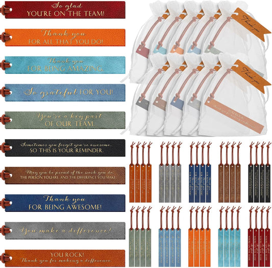 Kosiz Set of 50 Thank You Gifts Leather Bookmark Bulk Employee Appreciation Gifts Inspirational Leather Page Markers with Thank You Tag Organza Bag for Nurse Teacher Book Lovers Book Club