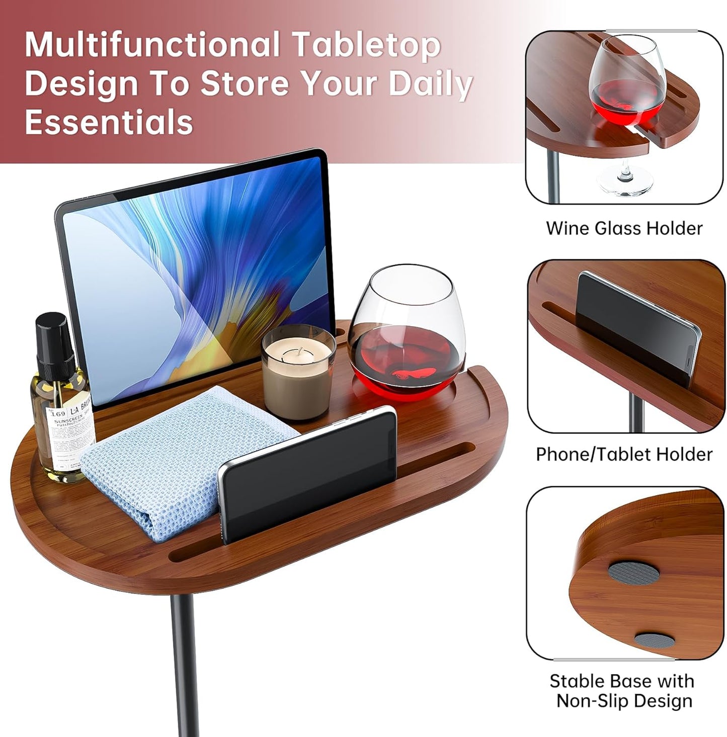NiHome Bamboo Swivel Sofa Armrest Tray Table for Couch with Thickened Stable Base, Adjustable Height TV Tray Side Table with 360° Rotating for Bath Tub Hot Tub Bedside Balcony, Brown