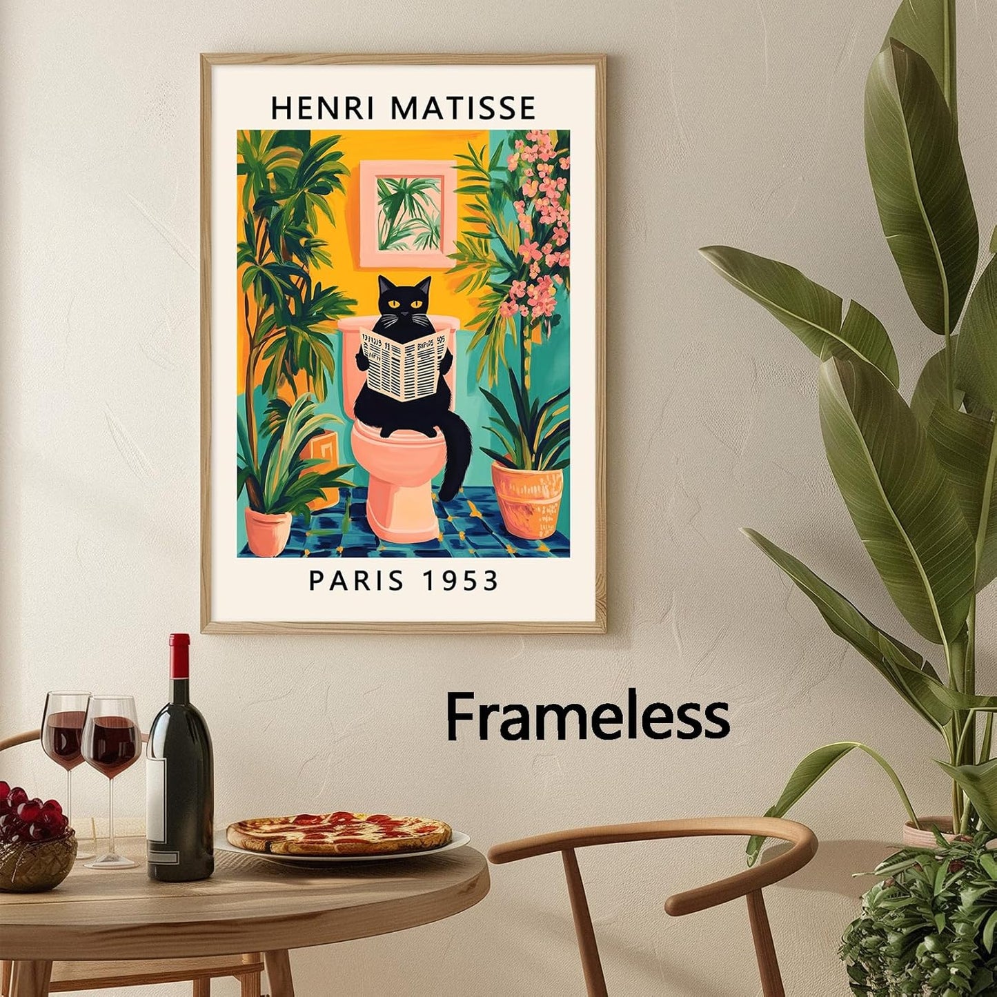 Matisse Black Cat Wall Art Funny Animal Aesthetic Posters Aesthetic Preppy Pictures Boho Artwork For Bathroom Black Cat On Toilet Reading Newspaper Wall Art Matisse Botanical Prints 16x24in Frameless