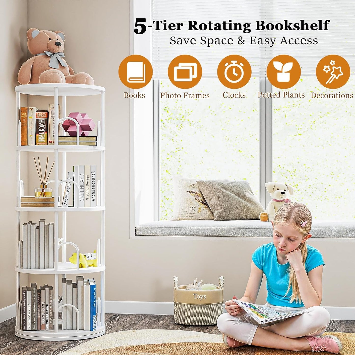 4 Tier Round Rotating Bookshelf Revolving Bookcase, 360° Spinning Book Shelf Tower for Kids, Narrow Rolling Bookshelves for Small Space, Corner, Bedroom, Office