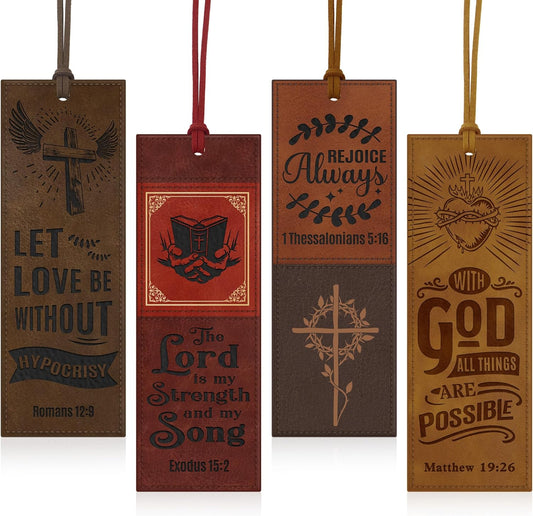 4PCS Leather Bookmark Bible Bookmarks for Reading Women Men Teacher Book Lovers Gifts, Handmade Vintage Religious Christian Bookmark Page Markers Inspirational Bible Verse Scripture Book Marks