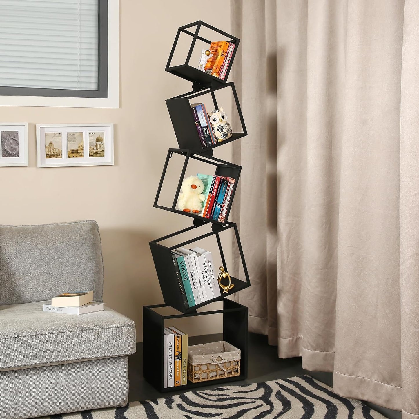 Book Shelf 5 Tier, Black Metal Bookshelf 67 Inch, Narrow Corner Bookcase Skinny Bookshelves for Bedroom, Living Room, Office, Home Decor