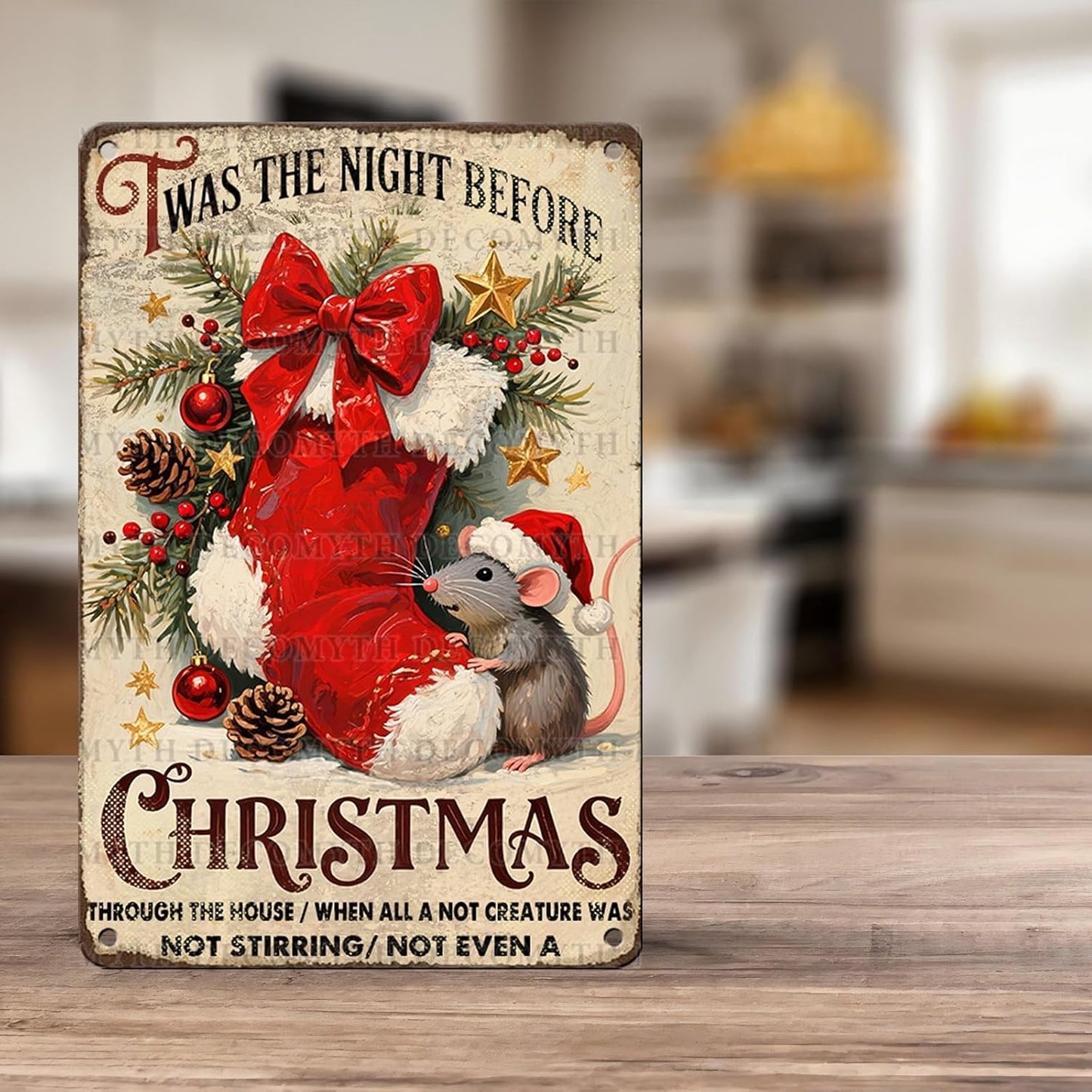 Vintage Twas The Night Before Christmas Stocking Mouse Tin Sign Storybook Decor for Children's Reading Nooks Enchanted Bedtime Corners 12 * 8inch