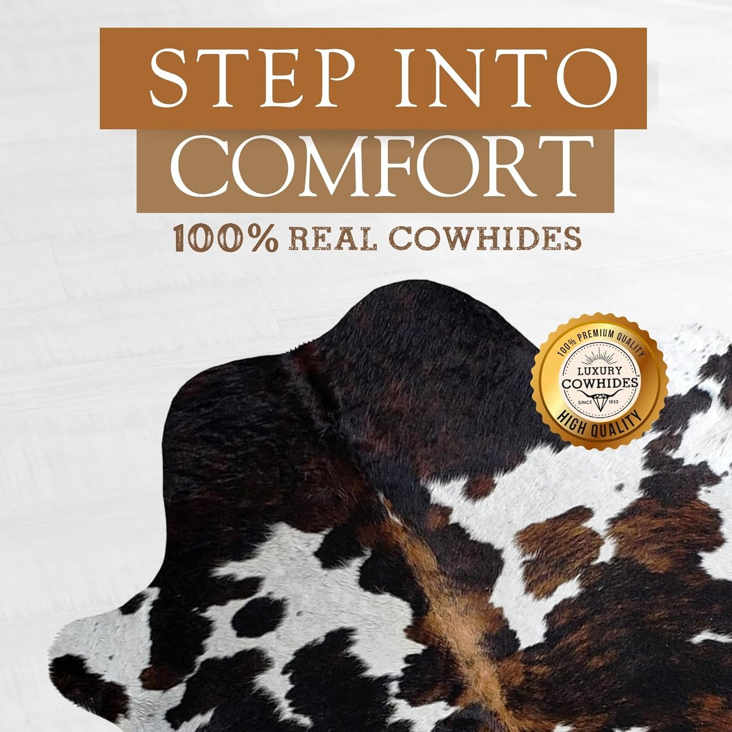 Sunshine Cowhides 100% Genuine TricoloreCowhide Rug - Modern Style Animal Skin Rug & Floor Carpet for Living Room, Bedroom, Kitchen & More - Large (6x6-7ft)