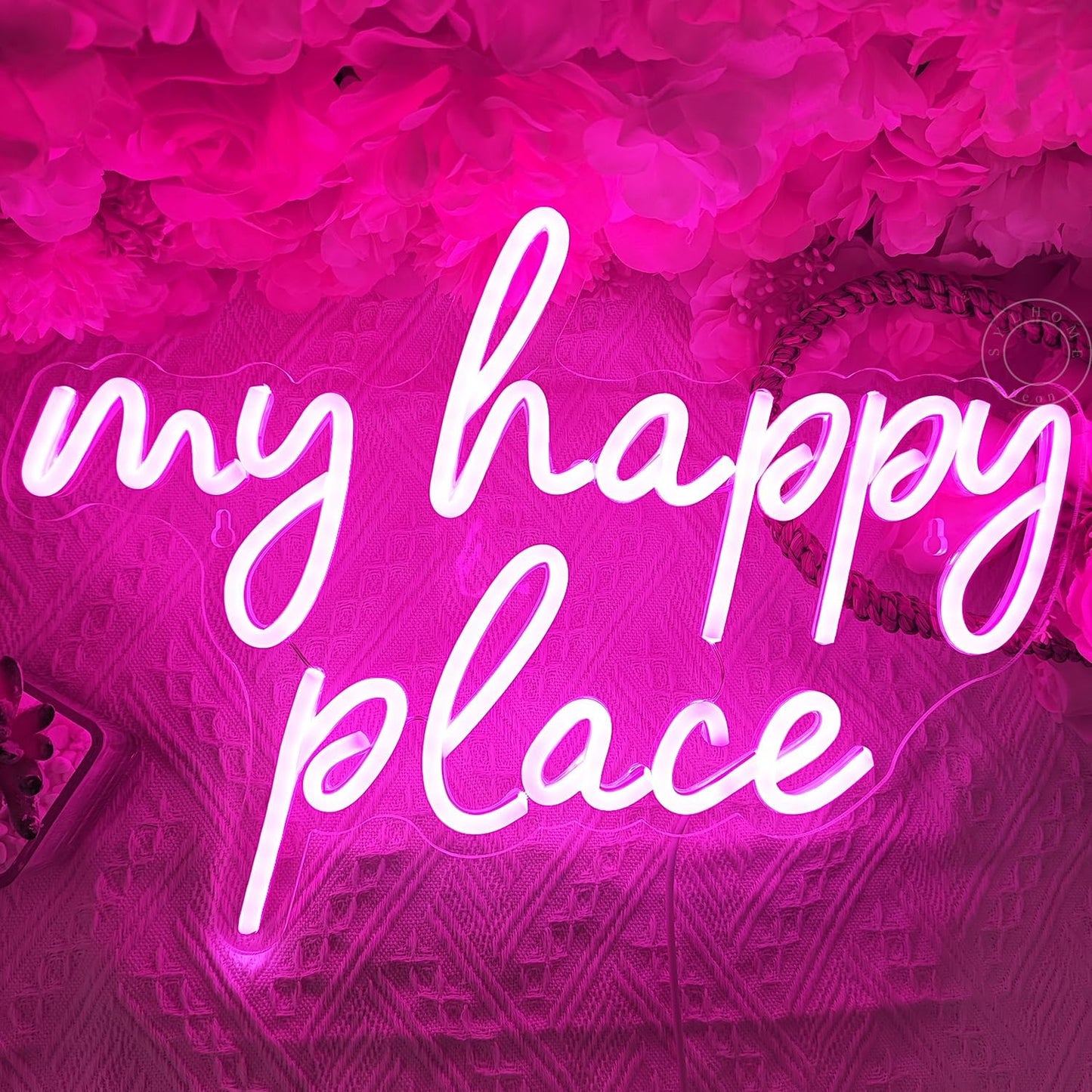 SYLHOME Pink My Happy Place LED Neon Light Sign USB Girls Babys Bedroom Living Room Kitchen Wall Decor Sign Wedding Birthday Party Sign Christmas Gifts 15.8" X 11.2" 5V Teens