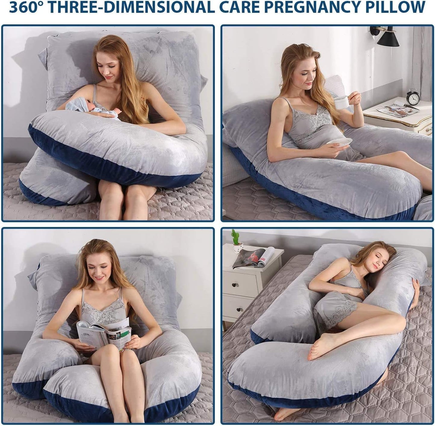 Elover Pregnancy Must Haves Pregnancy Pillow U-Shaped Full Body Maternity Support Pillow for Pregnant Women with Replaceable and Washable Velvet Cover Size 57" (Blue-Grey, Velvet)