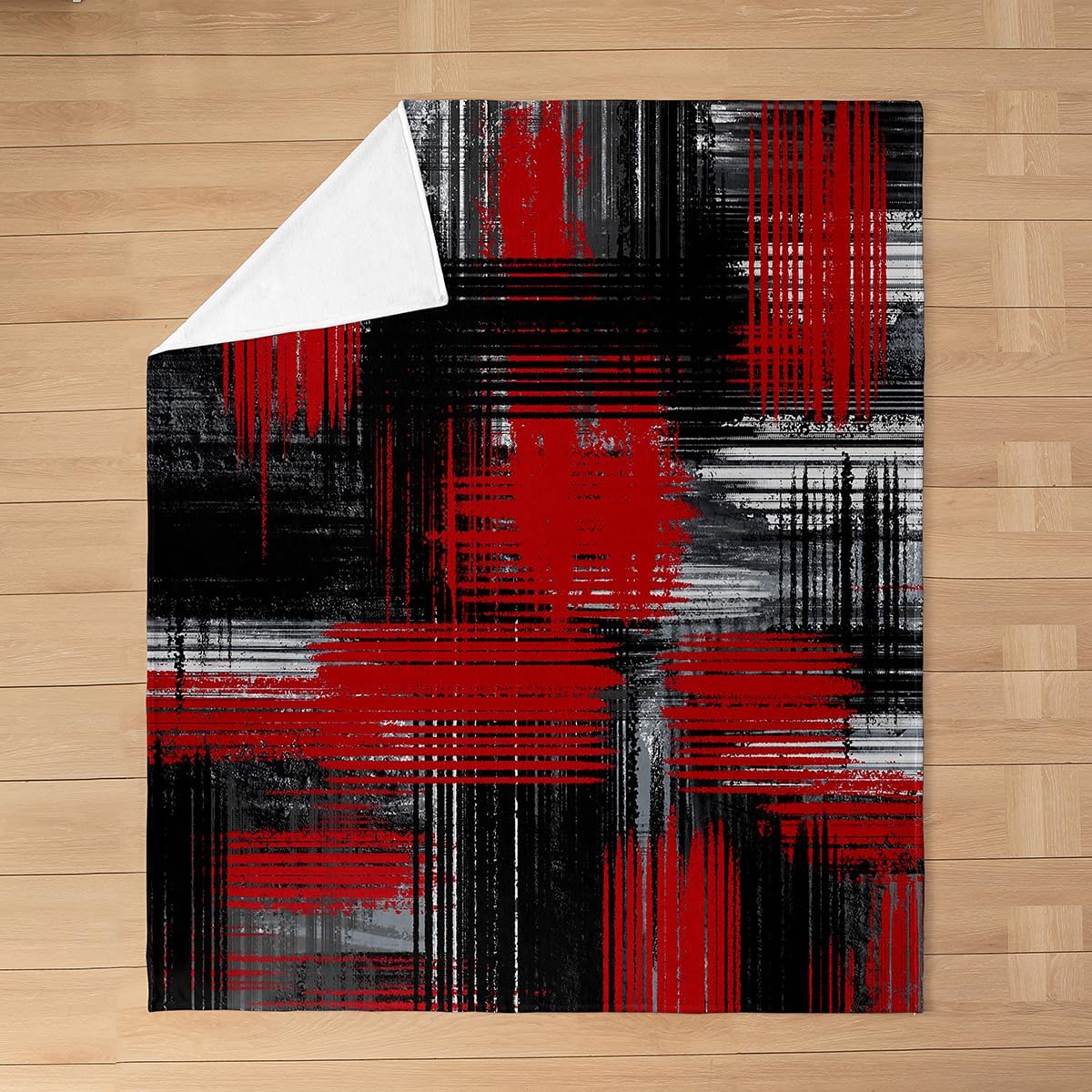 Feelyou Abstract Flannel Fleece Blanket Set Modern Abstract Art Plush Throw Blanket, for Sofa Couch Red Black Grey Pattern Bedding All Season,Bed Blanket Set Room Decor Queen 90"x90"