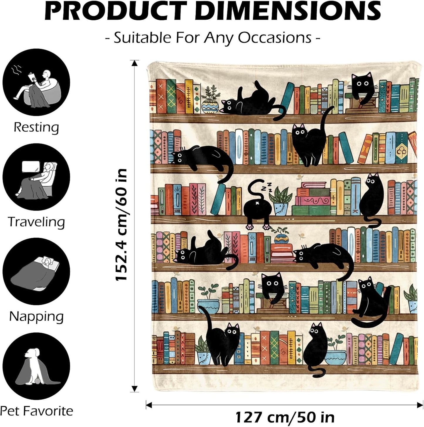 tgruihm Book Lovers Gifts for Readers Blanket, Librarian Gifts Bookshelf Black Cat Stuff Throw Blanket 60"x50", Birthday for Reading Lover Bookish Literary Gifts Blankets Home Decor