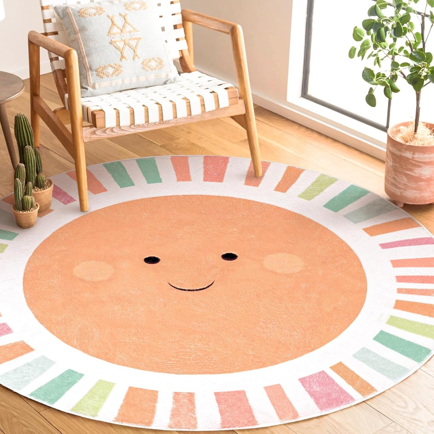 Boho Sun Round Rug 4 Ft Cute Colorful Sunshine Circle Area Rug Washable Non-Slip Throw Soft Carpet for Home Kindergarten Reading Nook Playroom Living Room Dining Room Decor