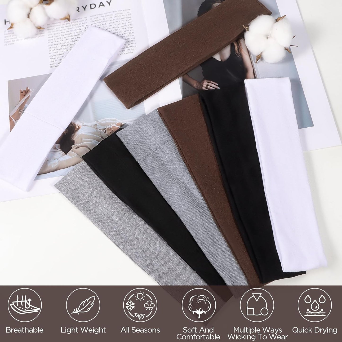 Headbands for Women, 8pcs Stretchy Non Slip Soft Cotton Cloth Hair Bands for Sports, Workout, Yoga and Running