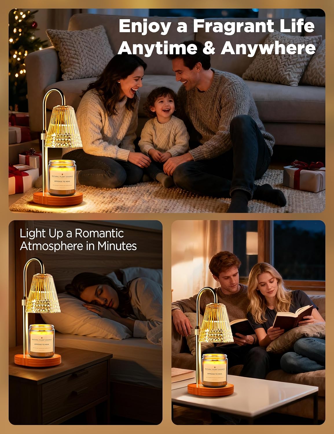 TATAANTY Candle Warmer Lamp with Timer Dimmable, Height-Adjustable Candle Warmer with 2 Bulbs, Melt Wax Warmer Lamp, House Warming Gifts New Home,Gifts for Women, Golden Glass Shade, Wood Base