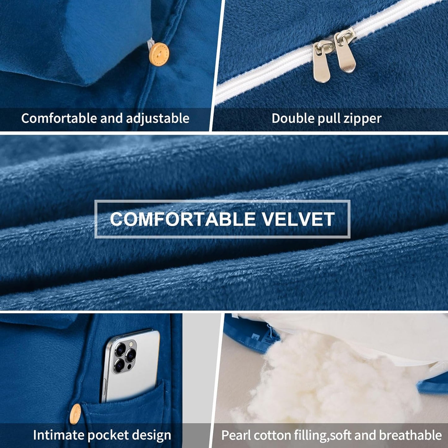 ele ELEOPTION Lumbar Back Support Pillow with Removable Neck Roll Wedge Back Cushion for Bed & Sofa with Side Pocket, Ergonomic Support Pillow for Reading (Navy Blue)
