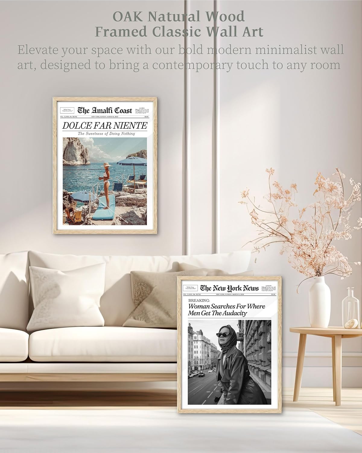 iHery Natural OAK Wood Newspaper Trendy Framed Wall Art, 12x16 in Vintage Headline Canvas Print, Woman Searches for Where Men Get The Audacity Poster, New York News Beige Frame Logs Retro Set of 1