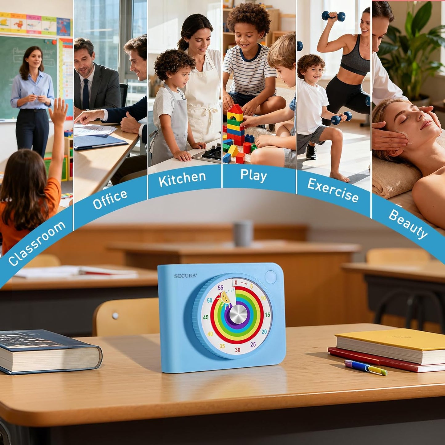 Secura Visual Timer for Kids – 60-Minute Classroom Countdown Timer with Color Disc, Time Management Tool for Kids, Teachers & Parents, Silent & Beep Modes, Magnetic Back & Stand (Blue)