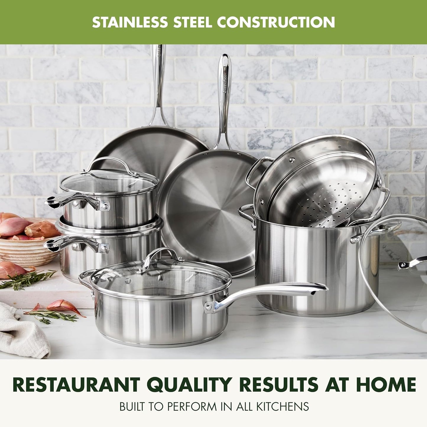 GreenPan Stainless Steel Cookware Set, 11 Piece, Induction Cookware, Dishwasher Safe, Oven Safe to 600F, Large 8QT Stock Pot, Sauce, Saute, Frying Pans, Pots & Pans Kitchen Essentials, Silver