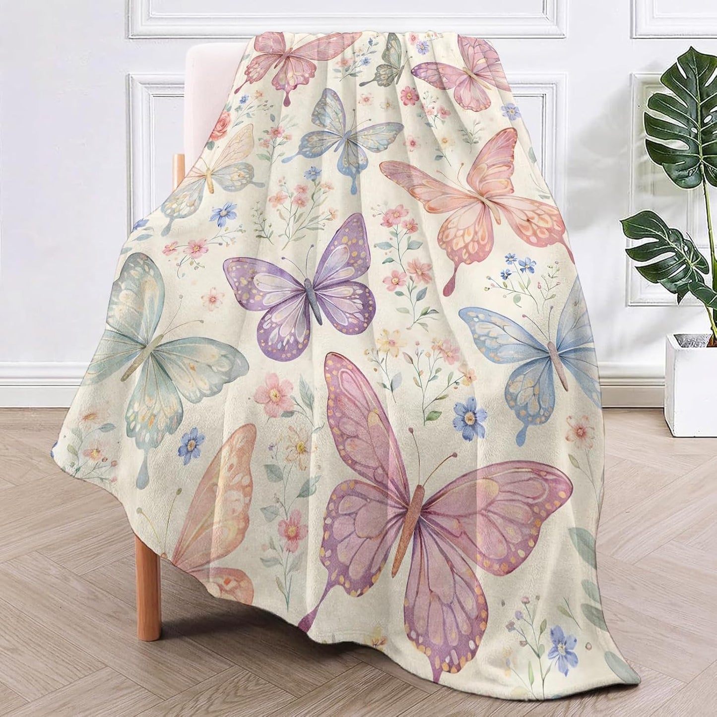 Pastel Butterfly Floral Throw Blanket, Watercolor Insect and Wildflower, Soft Flannel Fleece, 50x60 Inch, Couch Sofa Blankets for Women Nature Lovers, Cozy Elegant Cottagecore Home Decor Gifts