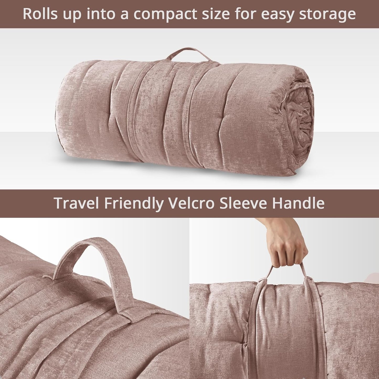 Intelligent Design Edelia Foldable Poly Chenille Light Weight Lounge Floor Pillow Cushion Tufted Seat for Meditation, Game Playing, Yoga, Reading with Travel Wrap, 74x27", Blush