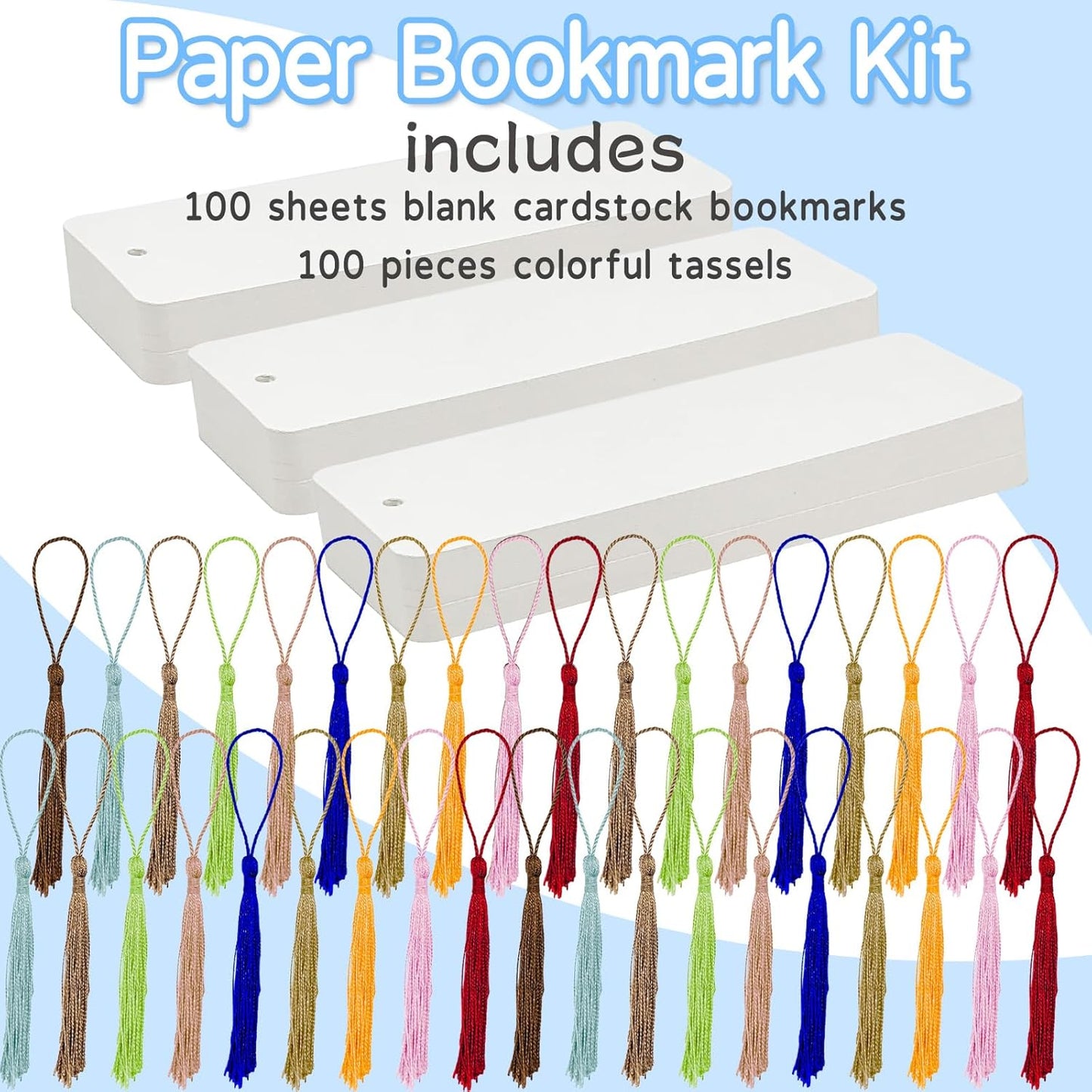 100 Set Blank Bookmarks with Colorful Tassels, White Cardstock Bookmarks Bulk, Craft Paper Book Marks for DIY Projects and Gifts Tags, 5.5 x 2 Inch