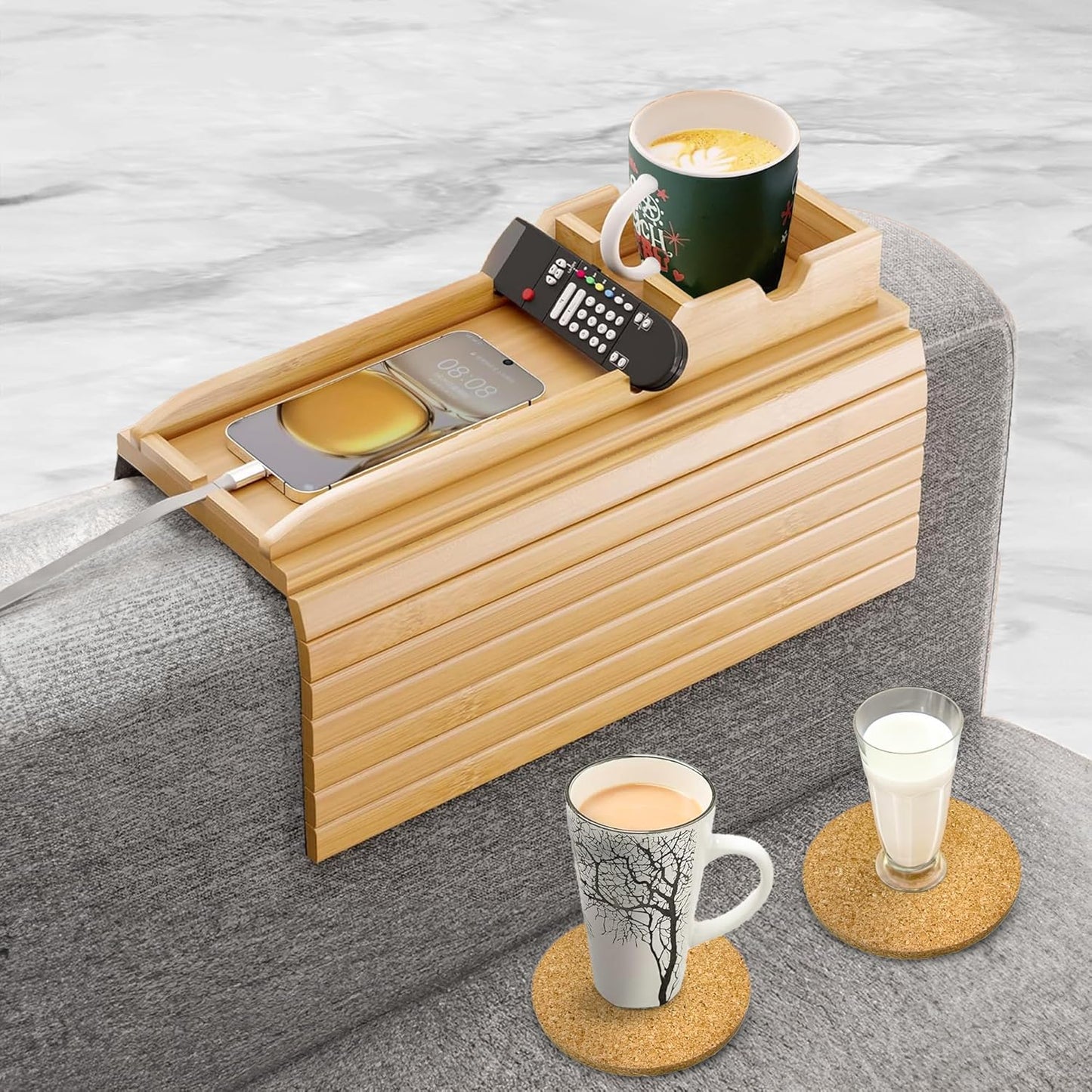 Bamboo Couch Cup Holder Tray with 2 Cork Coasters, Couch Arm Tray, 2 in 1 Anti-Slip Foldable Sofa Arm Tray, Couch Armrest Table, Anti-Spill Couch Arm Table for Drinks TV Remote Cellphone Snacks