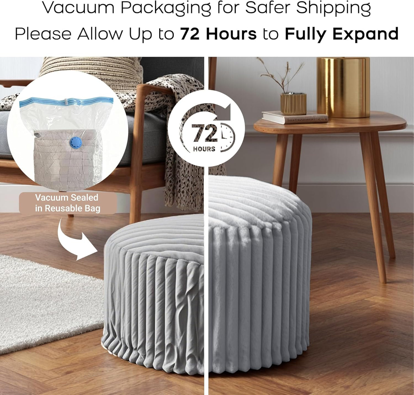 Round Stuffed Pouf Ottoman, Stripe Faux Fur Footrest with Dual Layer Comfort, Removable Washable Cover, 20" Plush Floor Pouf for Living Room Bedroom Dorm Vanity Chair Under Desk, Gray
