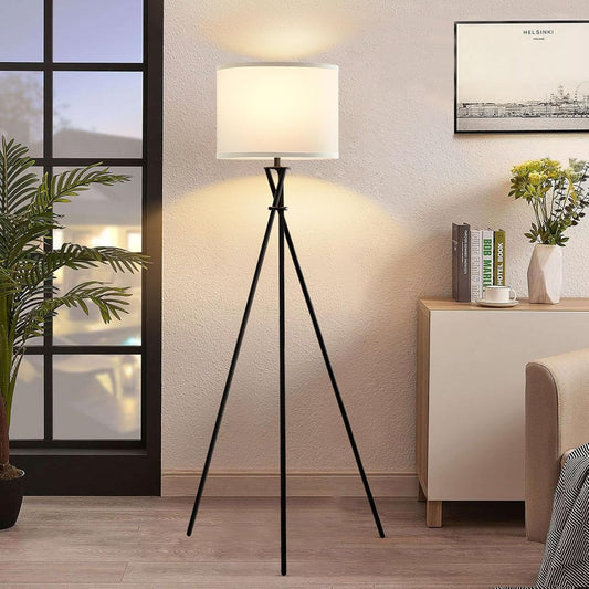 Floor Lamp for Living Room, 61'' Modern Tripod Floor Lamps with White Shade & Rotary Switch, Black Floor lamp for Bedroom, Office, Simple Design Lamp