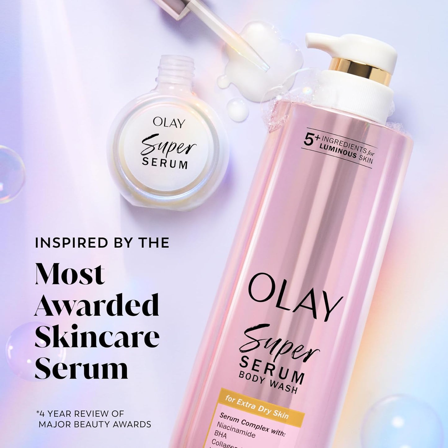 Olay Super Serum Body Wash for Extra Dry Skin, 24hr Long Lasting Hydration, 5+ Ingredient Complex for Bright Even Firm Luminous Skin, with Vitamin E, and Shea Butter 18.5 Fl Oz