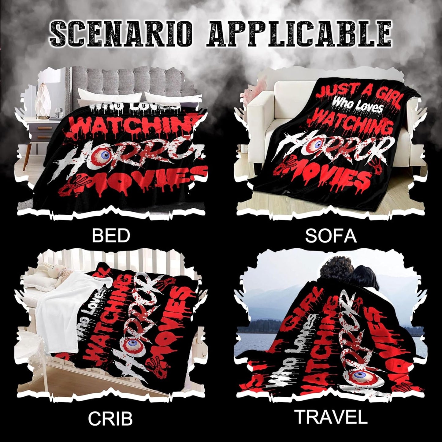 Horror Blanket Just Girl Who Loves Watching Horror Movies Blankets, for Girl, Lightweight Plush Flannel Throw for Girls Bed, Unique Birthday Gifts for Her,60 in x 50 in for Girls Teens