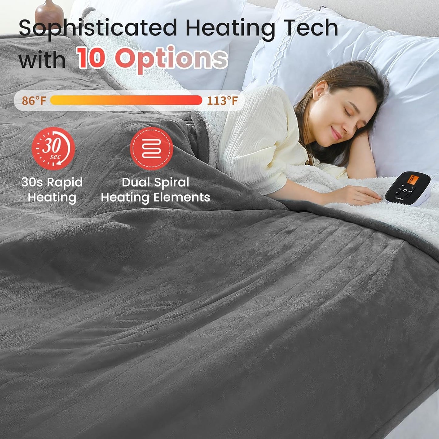 Sunable Heated Electric Blanket - Machine Washable Blanket with Time Settings Heat Settings Twin Size 62×84 inches, ETL Certified, Grey - Velvet & Sherpa