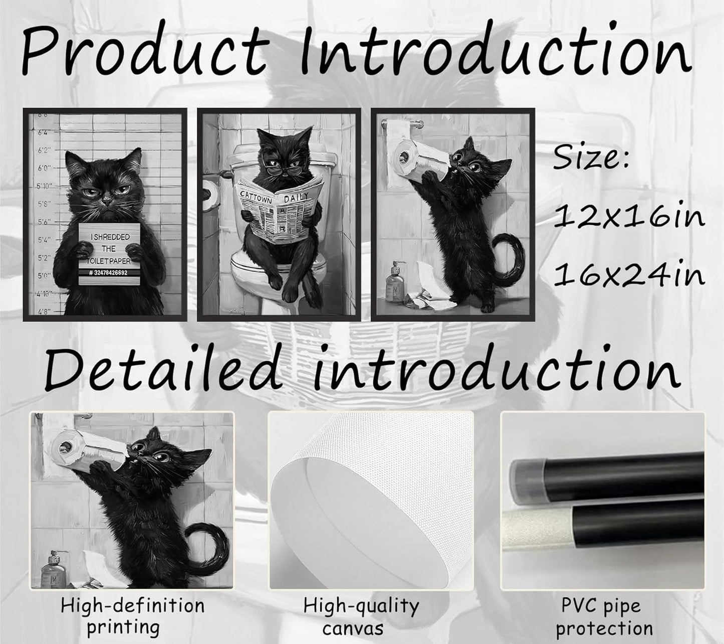 3Pcs Bathroom Black White Cat Wall Art Abstract Cat Reading Newspaper On The Toilet Posters Print Artwork Funny Animal Pictures Wall Decor for Home Restroom Decoration 16x24in Unframed