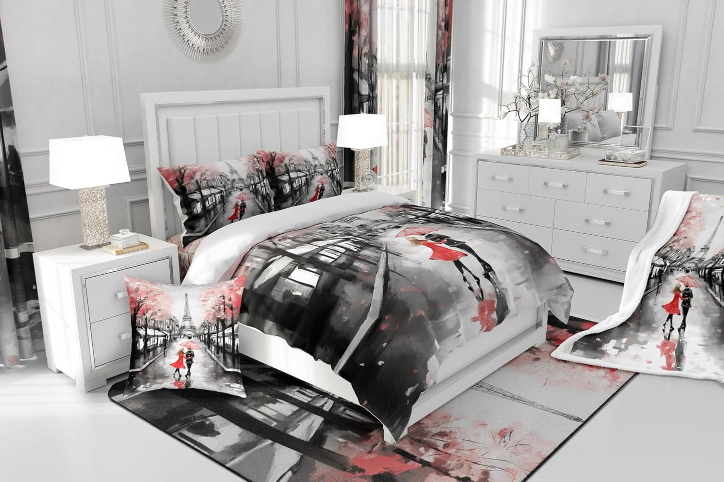 Eiffel Tower Flannel Fleece Throw Blanket,Paris Street Scenes All Season Bed Blanket Fuzzy Blanket For Bed Sofa Couch,Romantic Valentines Red Trip Design Bedroom Decor Plush Blanket Throw 50"x60"
