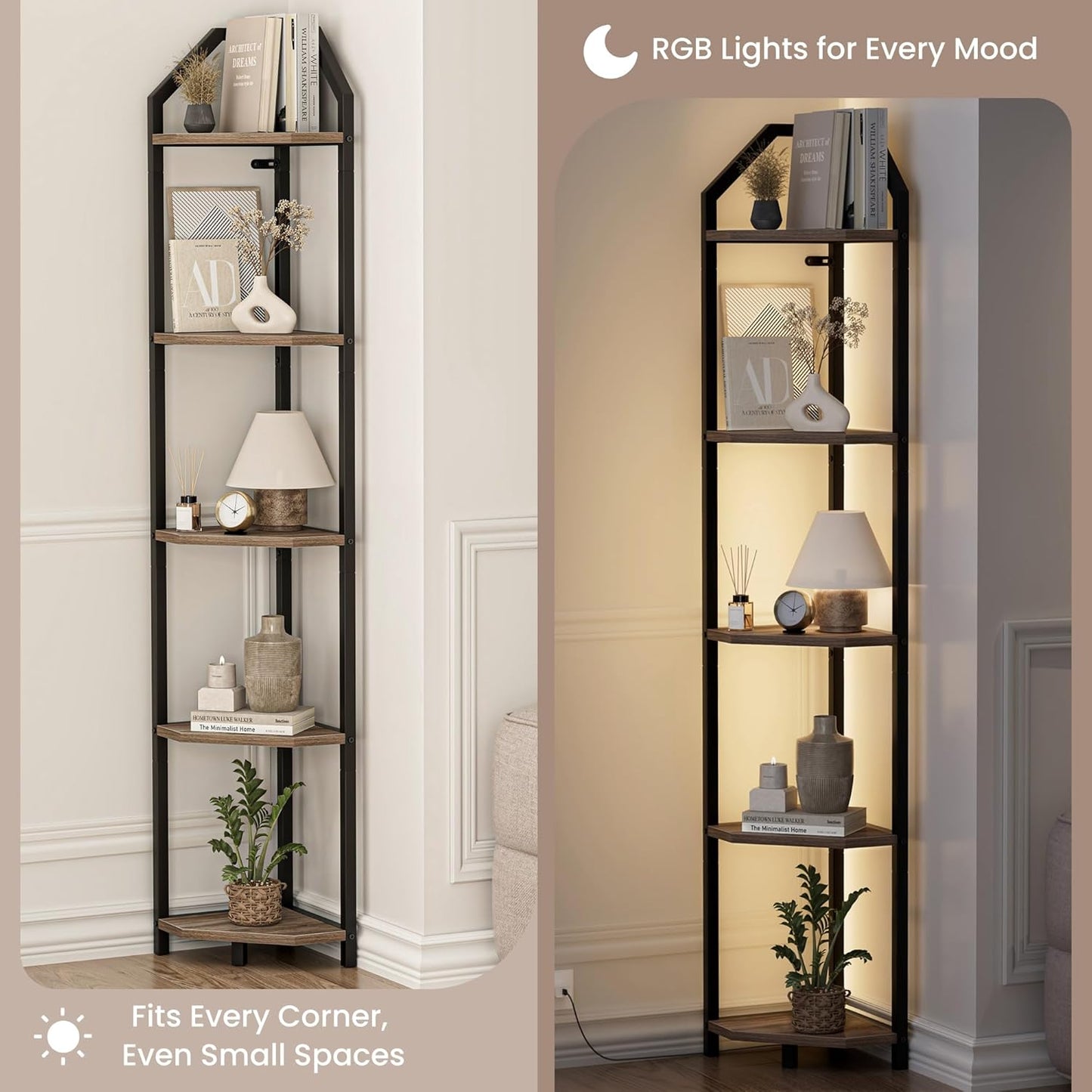 70 Inch Corner Shelf with LED Lights, 5-Tier Corner Bookshelf for Small Spaces, Wood & Metal Storage Rack for Bedroom, Living Room, Office - Modern Space Saving Design- Grey
