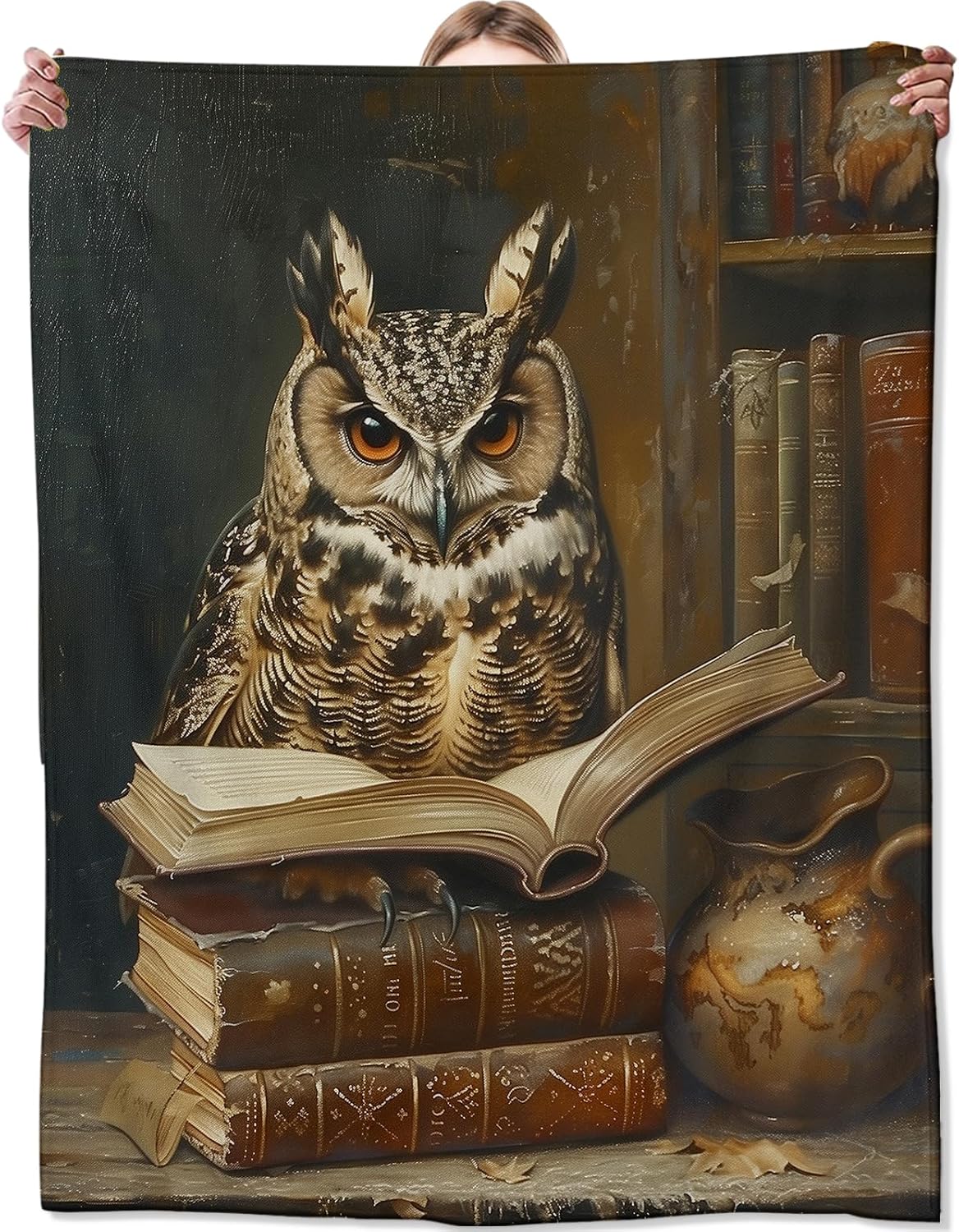 Owl Blanket,Gifts for Animal and Nature Lovers,Lightweight Flannel Throw Blankets,Retro Bird with Book in Library Throws Home Decor,for Couch Living Room Office,60x50inch