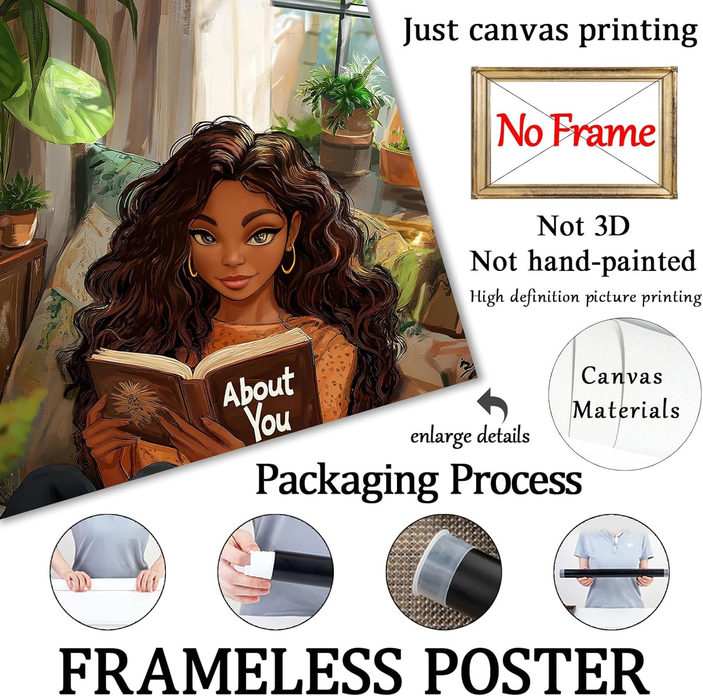 Black Girl Reading Books Canvas Wall Art For Aesthetic Women Painting Black People Boho Wall Art Boho Canvas African American Prints Woman Reading Pictures African Girl Posters 16x24inch Frameless