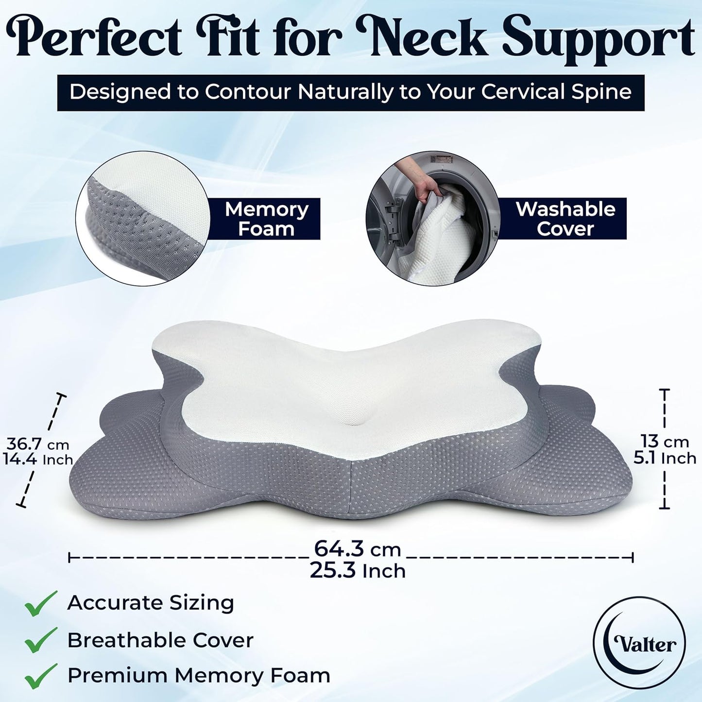 VALTER Cervical Neck Pillow for Pain Relief, Orthopedic Contour Memory Foam Pillow for Back Side Stomach Sleepers, Ergonomic Support for Neck and Armrest