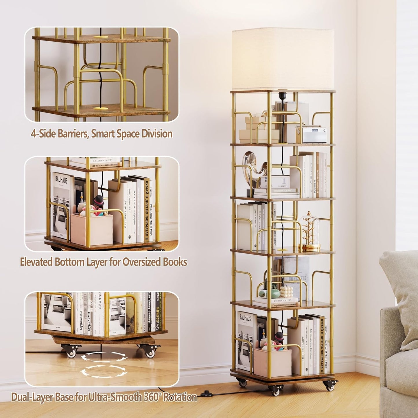 5 Tier Rotating Bookshelf with LED Light, 360 Degree Spinning Square Storage Shelf for Small Corner, Rotating Bookshelf Tower for Home, Rooms, Office (Gold+Brown)