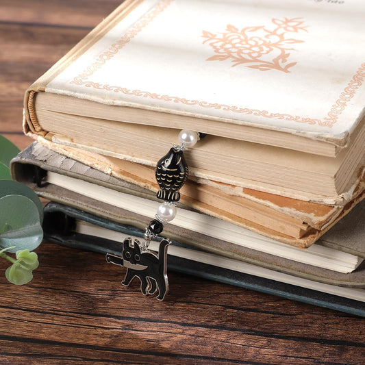 Black Cat Beaded Bookmark - Fantasy Cute Cats Crystal Bead Chain Bookmark, Catchain Pendant, Book Marks Gifts for Books Lovers Students Teacher Office School Supplies