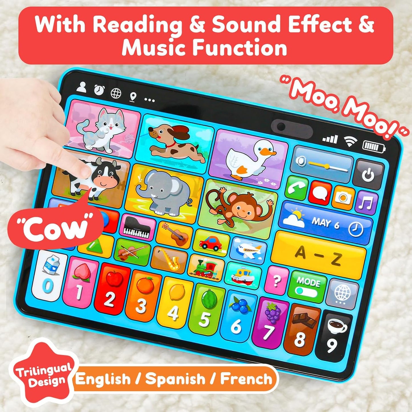 Trilingual Learning Toy Tablet with Music & Sound, Montessori Speech Musical Therapy Toys, Gifts for Boy, Girl, Baby, Toddler, for Age 1, 2, 3 Year Old (12-18 Months)