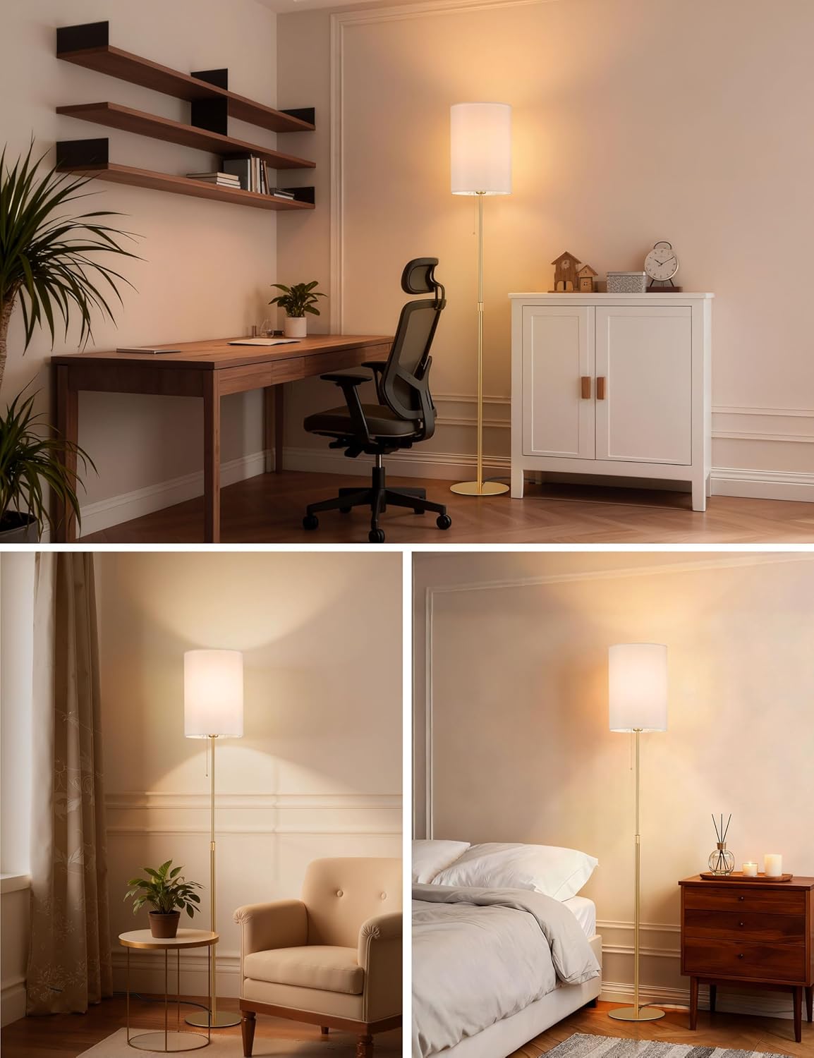 Tubicen 61" Gold Floor Lamp with Pull Chain 360° Full Beam Tall Standing Pole Lamps Adjustable Height Small Fabric Shade Base Dimmable Modern Slim Corner Floor Lamps for Living Room Bedroom Office